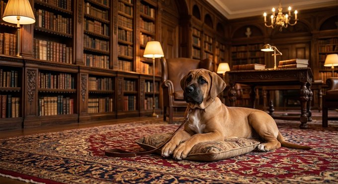 A large tan dog lying on a pillow in an ornate library with dark wood bookshelves, a chandelier, and an oriental rug.