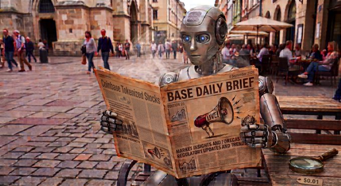 An AI-generated image depicts a humanoid robot reading a 'BASE DAILY BRIEF' newspaper on a cobblestone street, with a headline about 'Coinbase Tokenized Stocks'.