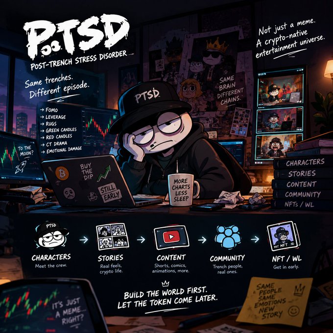 Promotional graphic for a crypto-native entertainment project titled 'P.T.S.D. POST-TRENCH STRESS DISORDER,' featuring an anime-style character at a desk with charts, and text like 'BUILD THE WORLD FIRST. LET THE TOKEN COME LATER.'