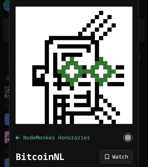 A digital profile image featuring a stylized, pixelated character with large green pixel glasses on a white background, with the name 'BitcoinNL' and 'NodeMonkes Honoraries' below it.