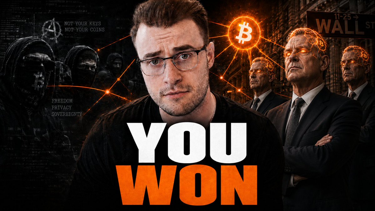 The image is a YouTube thumbnail featuring a man with glasses at the center, flanked by anonymous figures in hoodies with "FREEDOM, PRIVACY, SOVEREIGNTY" and "NOT YOUR KEYS, NOT YOUR COINS" text on the left, and businessmen with glowing orange eyes near a "WALL ST." sign on the right, with a Bitcoin symbol connecting them. Bold text reads "YOU WON," visually representing the video's debate between Wall Street's influence over Bitcoin and the cryptocurrency's original cypherpunk ideals of financial sovereignty.