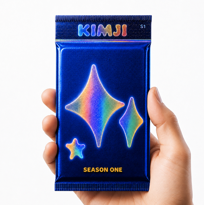 A hand holding a blue holographic foil pack labeled 'KIMJI SEASON ONE' with star graphics.