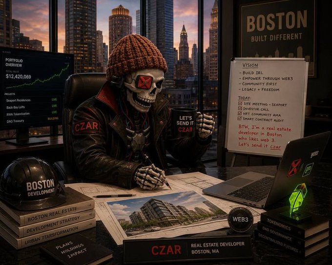 A stylized illustration of a skeleton character labeled "CZAR" wearing a beanie and leather jacket, sitting at a desk in a Boston office with the caption "BOSTON BUILT DIFFERENT," featuring a whiteboard with vision notes ("BUILD IRL, EMPOWER THROUGH WEB3"), a laptop, books about Boston real estate and development, and a city skyline at sunset.