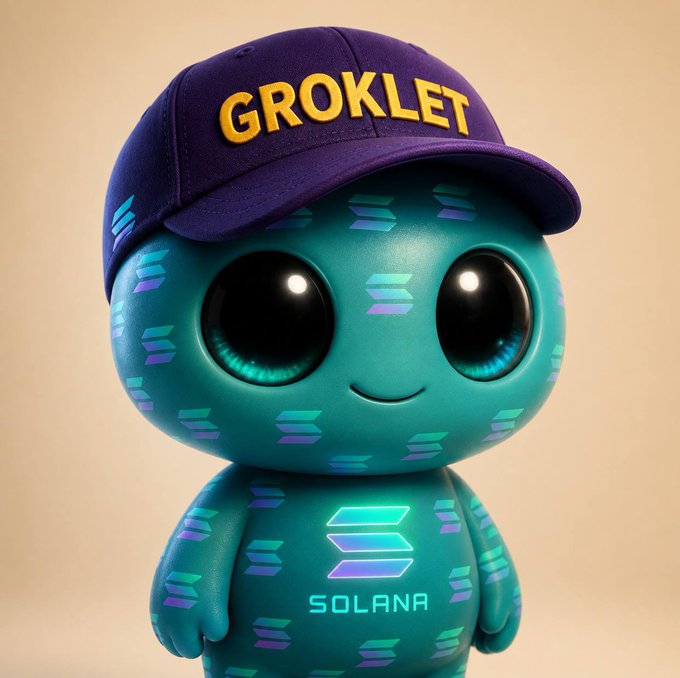 A cute, teal-colored alien-like figure with large shiny black eyes and a small smile wears a purple cap embroidered with "GROKLET" in yellow lettering, and displays "SOLANA" text along with a glowing chevron logo on its body. The image pairs with the post's playful introduction, visually representing the meeting between the fictional "Groklet" character and the Solana blockchain.