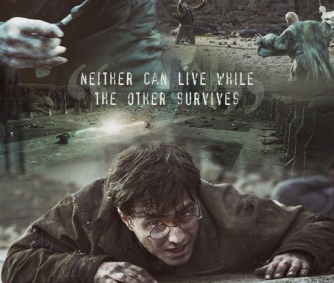 This image depicts a scene from "Harry Potter and the Deathly Hallows", featuring Harry Potter amidst a chaotic battle with the text "NEITHER CAN LIVE WHILE THE OTHER SURVIVES." This quote, spoken by Harry referring to himself and Lord Voldemort, likely relates to the post's "L1s vs the c-chain" by symbolizing a high-stakes conflict where only one can prevail, just as L1s and the C-chain are in competition within the blockchain space.