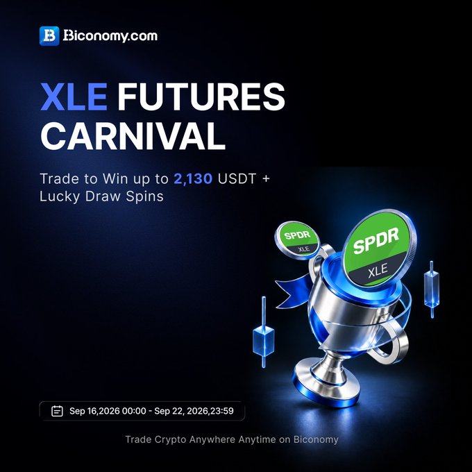 A promotional banner for Biconomy.com advertising an 'XLE FUTURES CARNIVAL' event running from Sep 16, 2026 to Sep 22, 2026, where users can trade to win up to 2,130 USDT plus lucky draw spins on the SPDR XLE trading pair, featuring a silver trophy illustration.