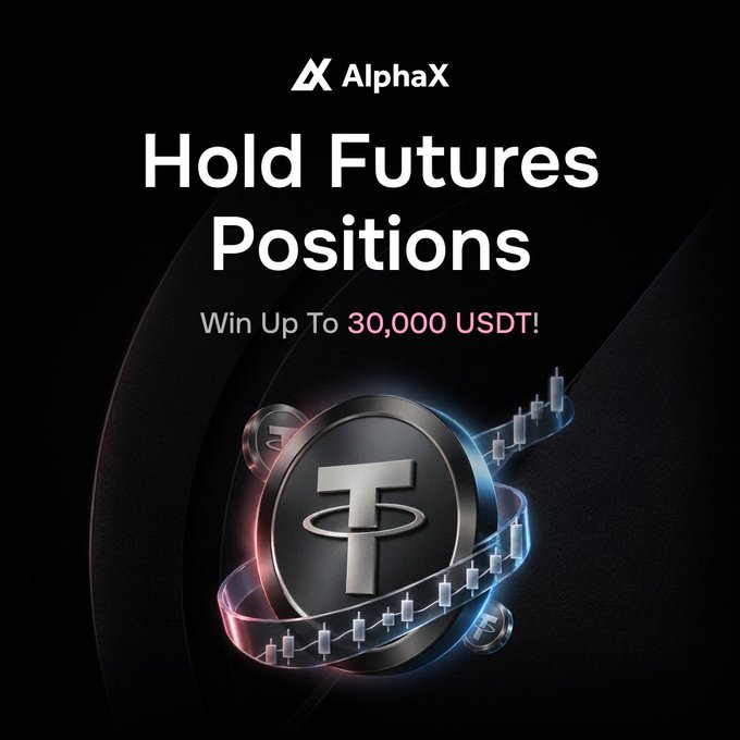 An AlphaX promotional graphic advertises a 'Hold Futures Positions' contest with the tagline 'Win Up To 30,000 USDT!' displayed over a 3D Tether (USDT) coin wrapped in candlestick charts.