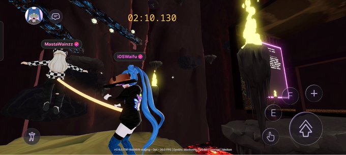 A screenshot from a VR multiplayer game shows a blue-haired anime-style character named 'IOSWaifu' navigating a dark cave environment with other players visible nearby.