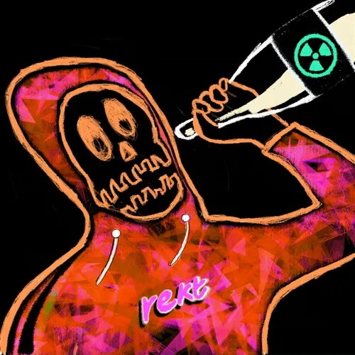 A digital artwork depicting a grim reaper in an orange/red hooded robe holding a radioactive bottle, with the word 'rerb' on the robe.