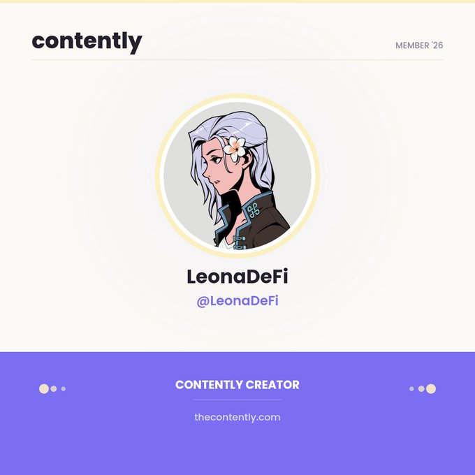 A Contently creator profile page for 'LeonaDeFi' (@LeonaDeFi), Member '26, featuring an anime-style avatar of a white-haired character with a flower in her hair.