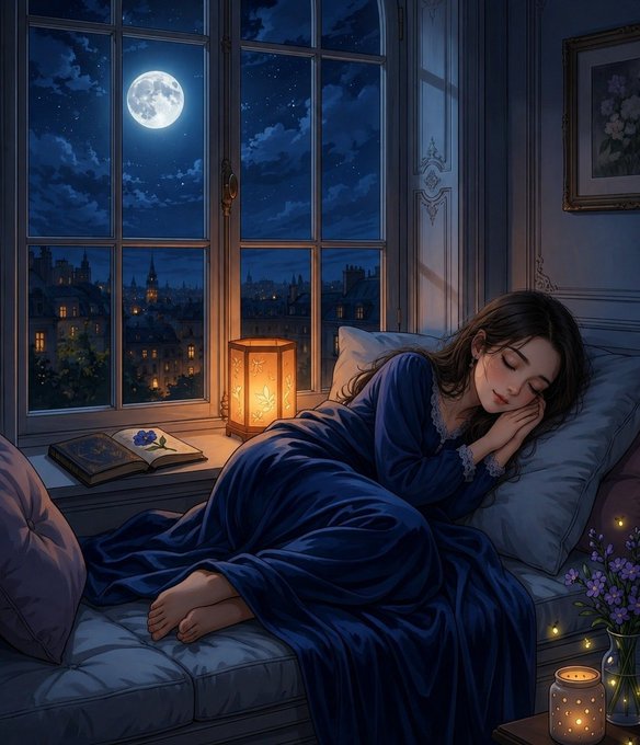 An illustration depicts a woman sleeping on a window seat under a full moon, wrapped in a blue blanket beside a glowing lantern, with an open book and a vase of lavender.