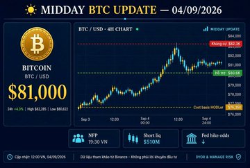 A financial graphic titled 'MIDDAY BTC UPDATE — 04/09/2026' displays Bitcoin trading at $81,000 USD, featuring a candlestick chart showing price movements around $80,450.