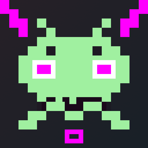 A pixel art depiction of the classic green Space Invader alien character with pink square eyes is set against a black background.