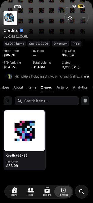 A mobile app screen displays a 'Credits' NFT collection with 63,937 items, showing a floor price of $85.76 and an owned item 'Credit #63483' with a top offer of $86.09.