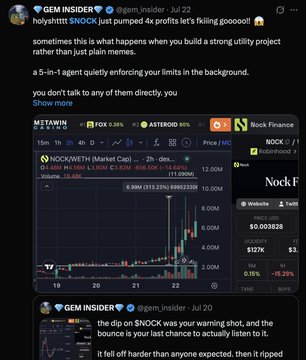 A Twitter/X post by "GEM INSIDER" (@gem_insider) with a screenshot of the Nock Finance ($NOCK) token chart showing a price of $0.003828 (up 5.13%) and market cap of $9.29M, alongside claims of multiple profitable trades across tickers like $HOODRAT, $TRIPLET, $ALTSZN, $TROLL, $VIRL, $RKC, and $AMERICA. The post promises "5-in-1 agent quillty" and suggests the image supports the advertised track record of multi-x returns.