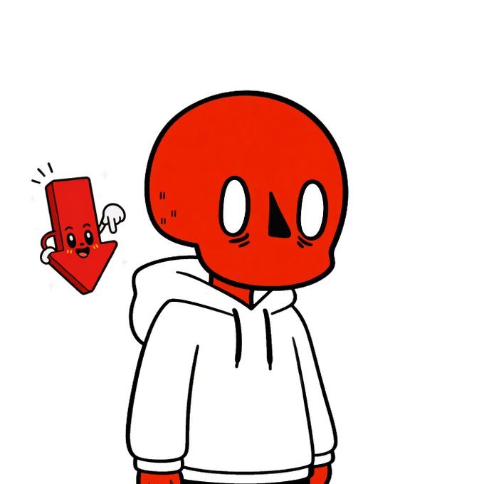 A cartoon character with a red skull-like head wearing a white hoodie, accompanied by a small red arrow character pointing at it.