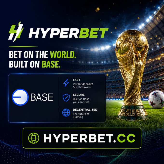 The image features a large soccer trophy with the words "HYPERBET" written above it. The background shows a stadium filled with people, indicating that this event is taking place at a major sporting venue. Below the trophy, there's an advertisement for a cryptocurrency exchange called "HYPERBET". It suggests that users can use their USDC to bet on World Cup matches and other markets through the exchange. This implies that the platform offers both traditional sports betting options like placing bets on soccer games and more unconventional forms of gambling using cryptocurrency. The presence of the trophy and stadium setting further emphasizes the idea of a high-stakes event, such as the World Cup or a major sporting event, where people can engage in various types of gambling activities.