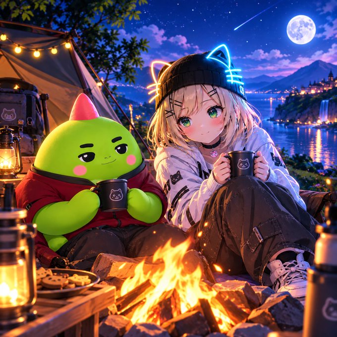 An anime-style illustration of a blonde girl with cat-ear headphones sitting by a campfire at night next to a cute green creature wearing a red jacket, with a full moon and lake in the background.