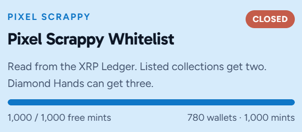 PIXEL SCRAPPY Whitelist banner marked 'CLOSED', describing an XRP Ledger-based mint offering free mints to listed collections and Diamond Hands holders, with stats showing 1,000/1,000 free mints, 780 wallets, and 1,000 mints.