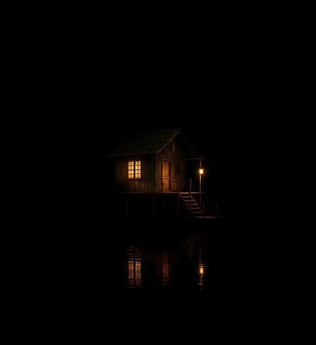 A small wooden cabin illuminated by warm light from its windows at night, perched on stilts over water with a lantern and ladder, its lights reflecting on the dark water below.