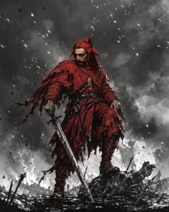 A blood-soaked warrior in tattered crimson robes stands victorious over a fallen foe, sword planted into the ground amidst a stormy battlefield, embodying the post's theme of fleeting glory—how one decisive victory can transform someone from villain to hero in an instant, despite the brutal and unforgiving nature of the arena.