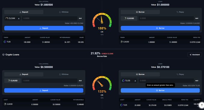 A cryptocurrency DeFi dashboard displaying collateral and loan values for CLOAK and TLOS tokens, showing utilization rates of 188% and 133%, and a borrow rate of 21.92%.
