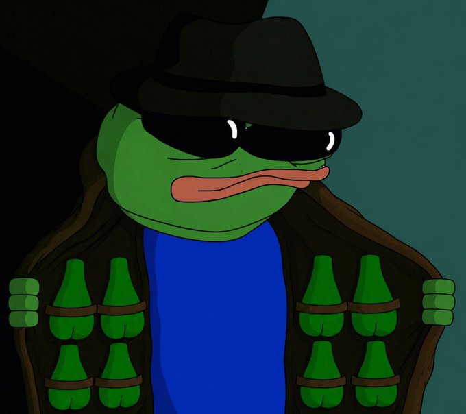 An illustration of the 'Pepe the Frog' character dressed as a 'Pepe Soda' vendor, wearing a black hat and sunglasses, and opening a brown jacket to reveal rows of green bottles.