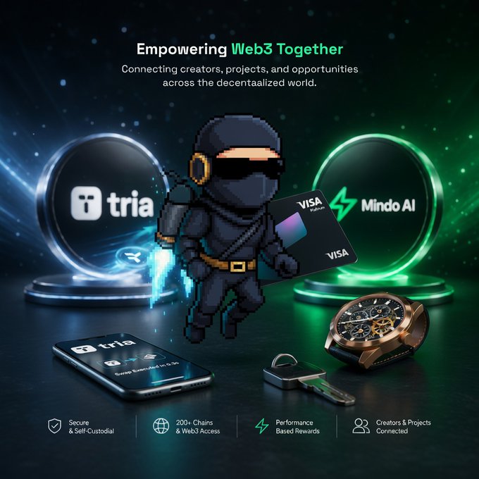 The image features a black character with a mask holding a Visa card and a watch. The background includes two circles representing different companies - one for @useTria and another for Mindo AI. There are also two cell phones, one on each side of the image, as well as a keychain in front of the characters. The text in the image promotes the idea that using the @useTria interface can make managing digital content more convenient and streamlined compared to traditional methods.
