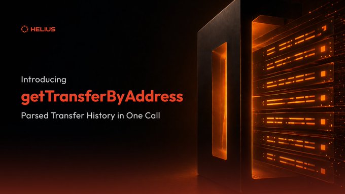 The image features a large black server with orange lights behind it, which appears to be a server used by Helius. The server has multiple racks of servers stacked vertically against each other, indicating that it's designed for high-capacity storage or processing tasks. In the background, there is text that reads "Introducing get TransferBy Address", suggesting that this image might be related to a new feature or service offered by Helius. Additionally, there are two lines of text below the server: one reading "Parse transfer history in One Call" and another stating "Native parsing for the new p-token batch transfer instruction". These texts provide information about how users can interact with this server and its capabilities.