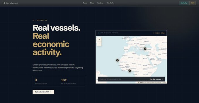The Zibra Protocol website features the headline 'Real vessels. Real economic activity.' alongside a map showing 3 vessels, 0 fleets, and 2 ports, with stats indicating 3 real-world vessels and 1st real MVP in development.