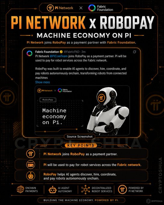 An infographic titled 'PI NETWORK x ROBOPAY - MACHINE ECONOMY ON PI' announcing Pi Network joining RoboPay as a payment partner with the Fabric Foundation, featuring a robot image and key points.