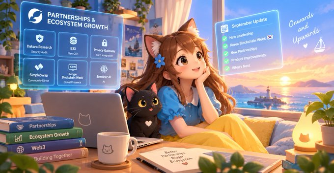 An anime-style illustration of a girl with cat ears at a desk with a laptop, surrounded by floating UI panels for 'Partnerships & Ecosystem Growth' and a 'September Update' checklist.