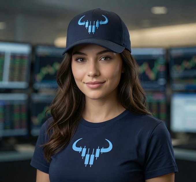 A woman wearing a navy cap and t-shirt with a light blue bull-horned candlestick logo smiles at the camera in front of a wall of trading screens, visually evoking crypto trading confidence. The bullish logo pairs with the post's message reassuring #ICP DEX operators that @dfinity's #MultiDex isn't a threat, since not every token will be listed.