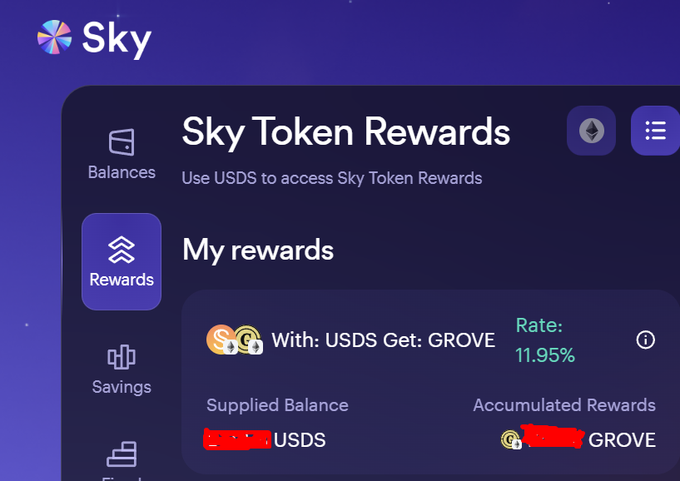 A screenshot of the Sky Token Rewards dashboard showing the "Rewards" tab, where users can deposit USDS to earn GROVE at a rate of 11.95%. The image visually supports the post's recommendation to swap USDC for USDS and deposit it into the GROVE vault for the advertised high APY.