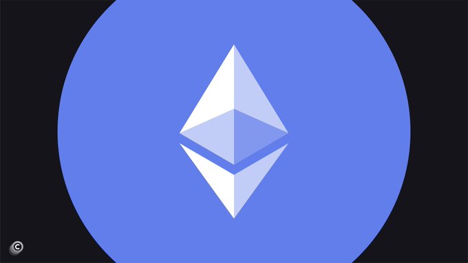 The image displays the Ethereum logo—a white diamond-shaped symbol—centered on a blue circular background against a black backdrop, visually representing the cryptocurrency discussed in the post about ETH's price strength and potential breakout targets.