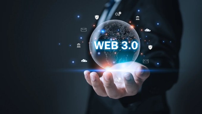 A digital illustration of a person in a suit holding out their hand, supporting a glowing translucent globe displaying the text 'WEB 3.0' surrounded by small floating technology and communication icons.