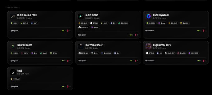 A screenshot of a dark-themed user interface displaying various meme packs, including 'SEKIN Meme Pack', 'robin meme', and 'Hood Flywheel', with cryptocurrency token names listed as tags.