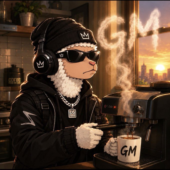 A cool cartoon sheep wearing sunglasses, headphones, and a crown-logo beanie brews coffee in a mug labeled "GM," with steam forming the letters "GM" above it. The image matches the "gm" (good morning) greeting in the post, capturing a relaxed, confident morning ritual vibe.