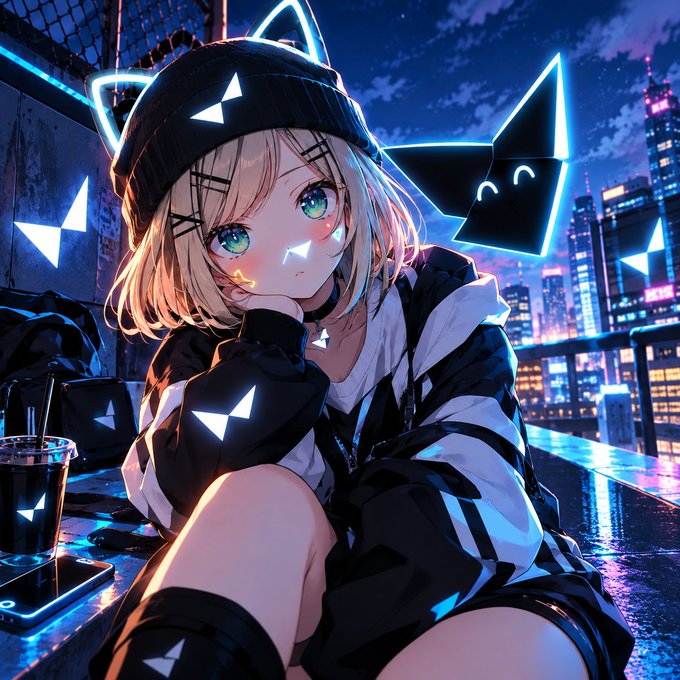 An anime-style illustration of a blonde girl with green eyes wearing a black and white jacket and beanie, sitting on a rooftop at night with a stylized black cat companion and a glowing city skyline in the background.