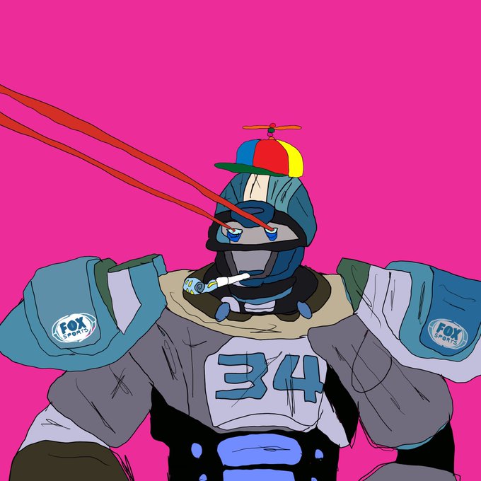 A stylized illustration of a robot-like character wearing a colorful propeller cap and a sports jersey with the number '34', featuring 'FOX SPORTS' logos on its shoulder pads against a bright pink background.