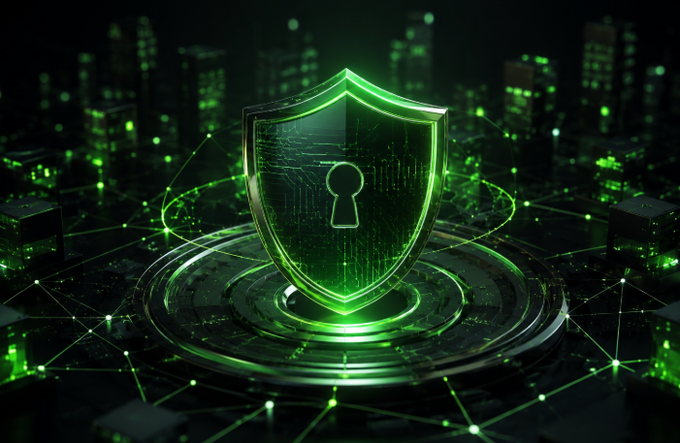 A glowing green cyber security shield icon hovers above a digital cityscape with interconnected network nodes and circuit patterns.