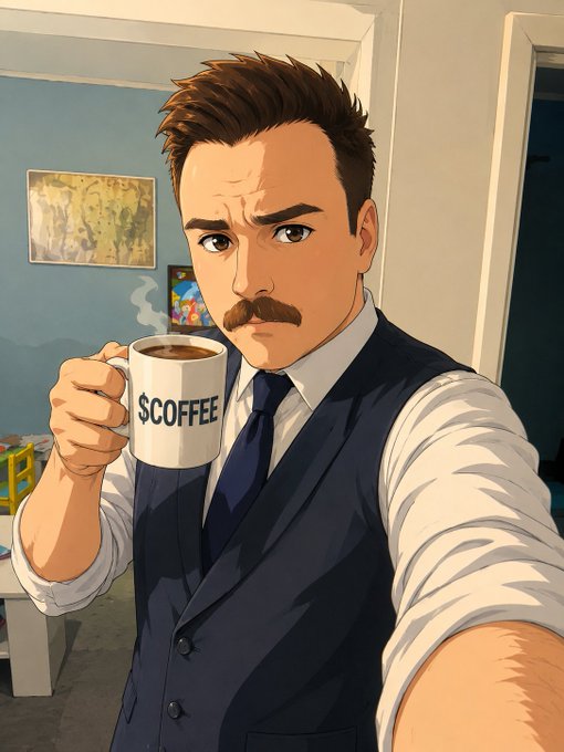 The image features a man wearing a suit, holding a coffee mug with the word "coffee" written on it. The man appears to be taking a selfie while holding his coffee mug. There are also other objects present in the scene, such as a chair and a book, which add context to the setting of the photo.