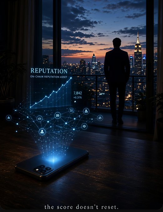 A digital art piece titled 'REPUTATION - ON-CHAIN REPUTATION ASSET' showing a silhouette of a man looking out a window at a city skyline, with a holographic reputation graph and network of user icons emerging from a smartphone, captioned 'the score doesn't reset.'