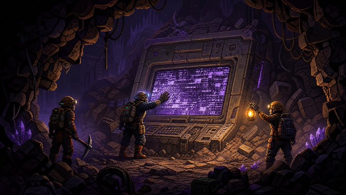 A digital artwork depicting three miners with pickaxes and headlamps exploring a dark, rocky cavern and examining a large, glowing purple computer console.