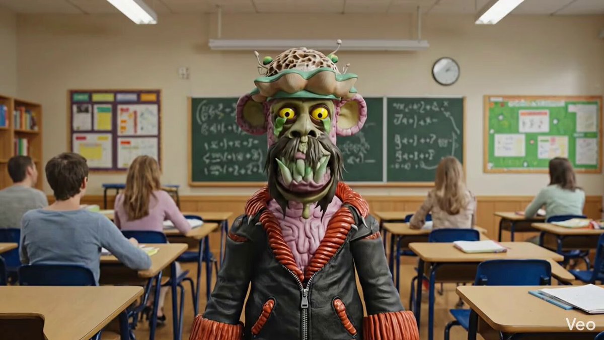 The image features a classroom setting with students sitting at desks, wearing their school uniforms. In the center of the room, there's an unusual character dressed as a monkey or a monster, standing out from the rest of the scene. The character is wearing a jacket and has a hat on its head. The post about the new member to the club also includes a link to the image for further discussion.
