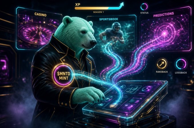 A digital illustration of a teal bear wearing a leather jacket operates a glowing futuristic console labeled 'SPORTSBOOK', with categories like 'CASINO', 'PREDICTIONS', 'RAKEBACK', and 'LOSSBACK' on the screen, branded '$MNTD MINT'.