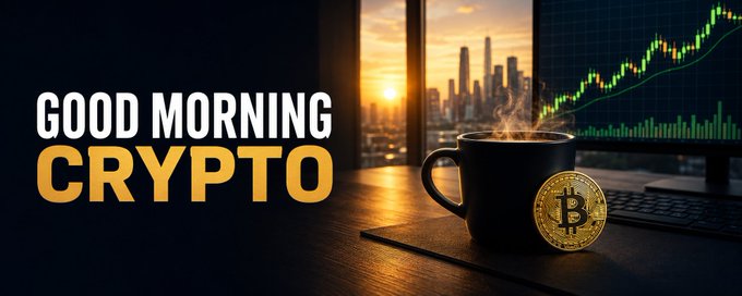 The image features a "GOOD MORNING CRYPTO" banner alongside a steaming coffee cup, a gold Bitcoin coin, and a computer monitor displaying a green upward-trending chart, with a city skyline at sunrise in the background—visually reinforcing the morning crypto market update about Bitcoin trading around $63,500.