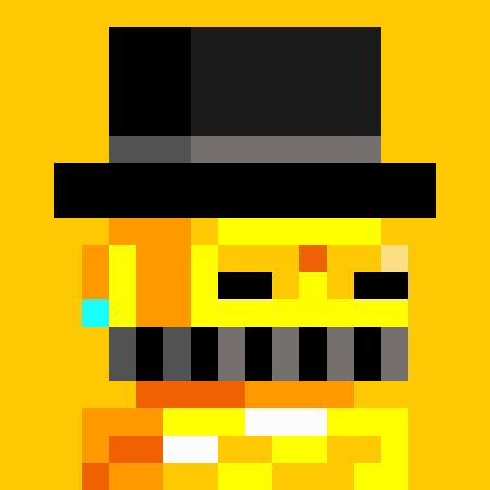 A pixel art image of a character wearing a black top hat and a wide grin with prominent teeth, rendered in yellow, orange, and black tones.