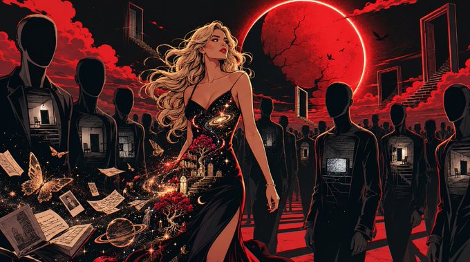 An anime-style illustration depicts a blonde woman in an elegant dark gown holding a glowing bouquet, surrounded by shadowy faceless figures and floating books, with a red planet and surreal red skies in the background.