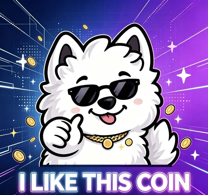 A cartoon white dog mascot wearing sunglasses and a gold chain gives a thumbs-up against a vibrant purple and blue cosmic background filled with floating coins. The text "I LIKE THIS COIN" appears at the bottom, directly promoting the $LIKE cryptocurrency mentioned in the post.

The image's cheerful, meme-friendly aesthetic aligns perfectly with the post's theme of meme culture and its invitation to join the LIKEcoin tipping event by tweeting about the coin.